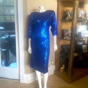 Vintage Para Blue Sequins 3/4 Sleeve Dress Sz 10